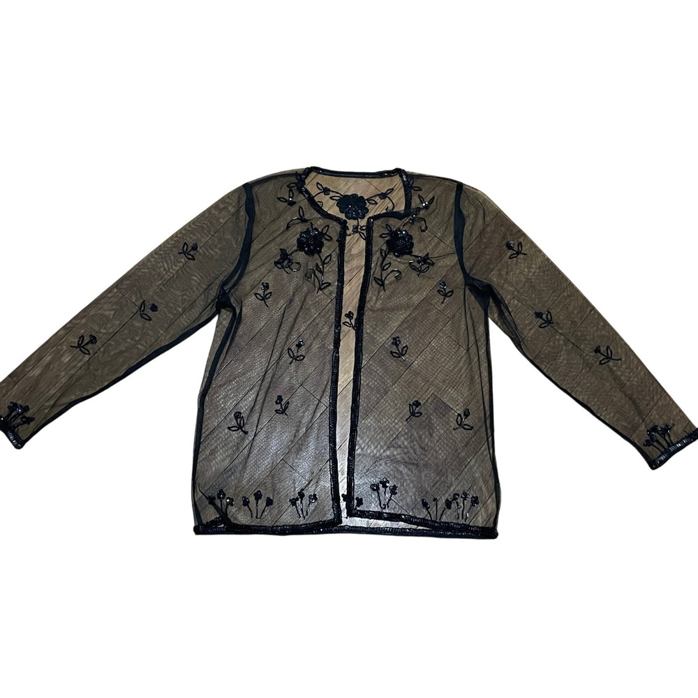 Vintage Black Sheer Mesh Beaded Floral Cardigan Sequin Open Front‎ Shrug Top